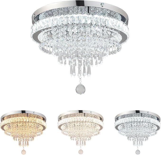 FRIXCHUR 19.7" Crystal Chandelier Crystal Ceiling Light Modern LED Flush Mount Chandeliers Light Fixture for Bedrooms Living Dining Room 2700K/4000K/6500K Changeable Color