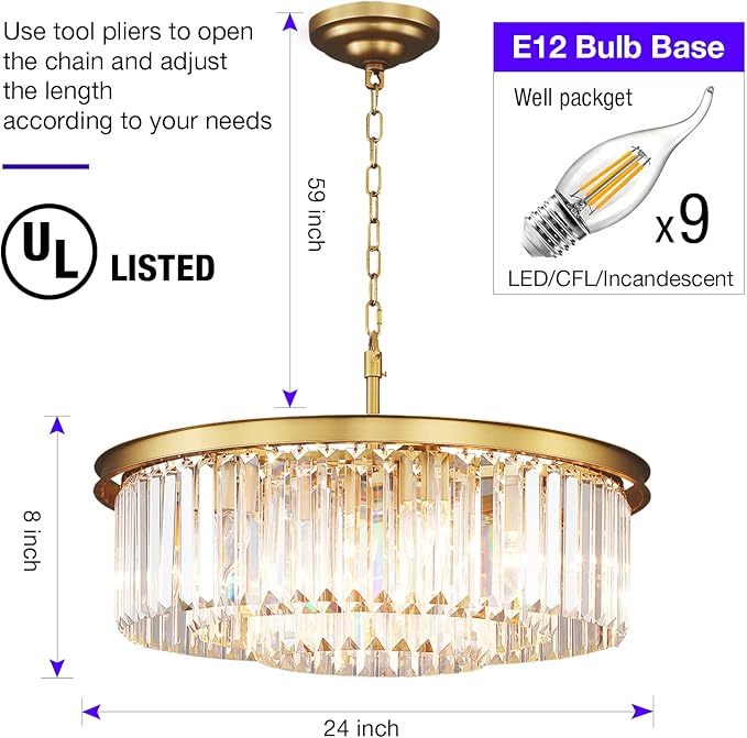Crystal Chandelier Modern Luxury Gold Chandelier Ceiling Lights Fixture for Dining Living Room Bedroom 9-Lights 3-Tier Raindrop Chandeliers Lighting (Copper, Dia 24 Inch)