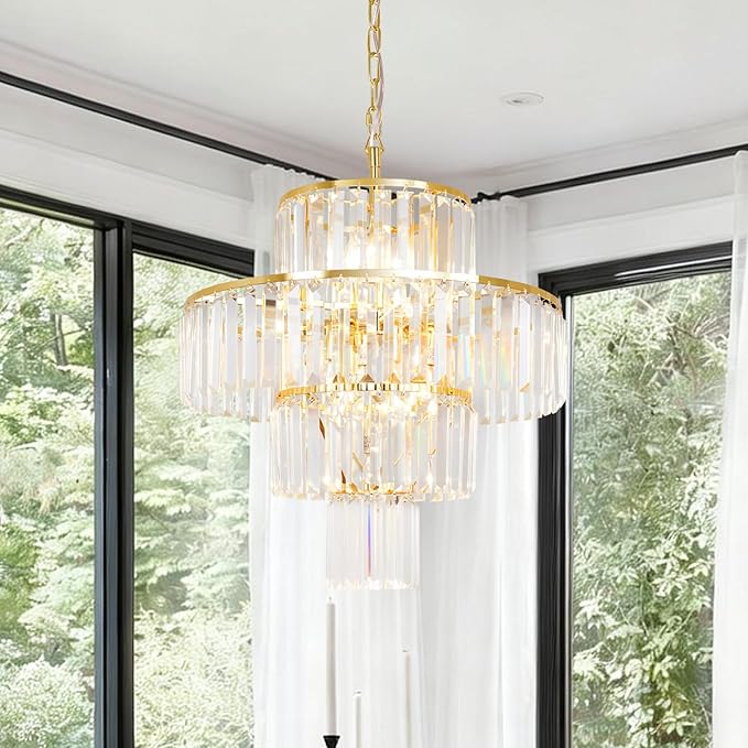 Gold Crystal Chandelier, 7-Light 4 Tiers 19.68" Crystal Light, Adjustable Hanging Metal Ceiling Lighting Fixture, Modern Foyer Dining Room Chandeliers for Bedroom,Hallway,Kitchen