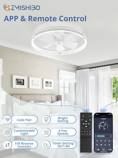 ZMISHIBO Low Profile Ceiling Fans with Lights, Flush Mount Modern Ceiling Fan and Remote Control, 23" LED Ceiling Fans, Stepless Dimmable 3 Colors and 6 Speeds