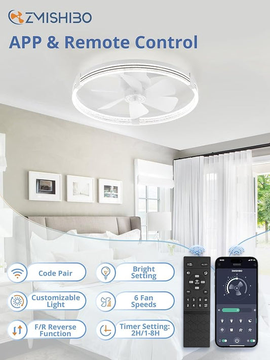 ZMISHIBO Low Profile Ceiling Fans with Lights, Flush Mount Modern Ceiling Fan and Remote Control, 23" LED Ceiling Fans, Stepless Dimmable 3 Colors and 6 Speeds
