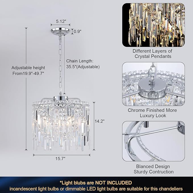 Chrome Crystal Chandelier Small Crystal Pendant Light Fixture 16" Raindrop Flush Mount Hanging Chandelier with Adjustable Chain K9 Crystals 2 Tiers for Kitchen Island Dining Room Bedroom Hallway