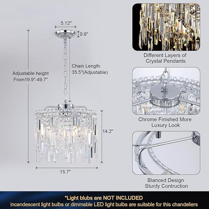 Chrome Crystal Chandelier Small Crystal Pendant Light Fixture 16" Raindrop Flush Mount Hanging Chandelier with Adjustable Chain K9 Crystals 2 Tiers for Kitchen Island Dining Room Bedroom Hallway