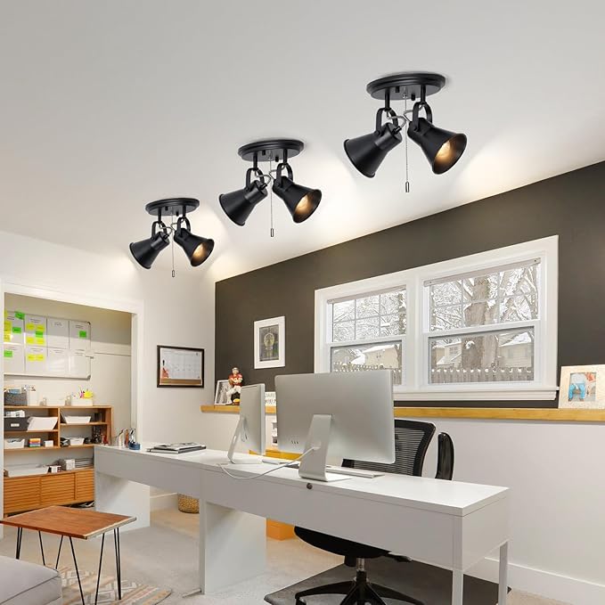 2-Light Black Track Lighting with Pull Chain, Industrial Adjustable Pull Chain Light Fixture Round Ceiling Light, Modern Flush Mount for Kitchen, Hallway, Dining Room