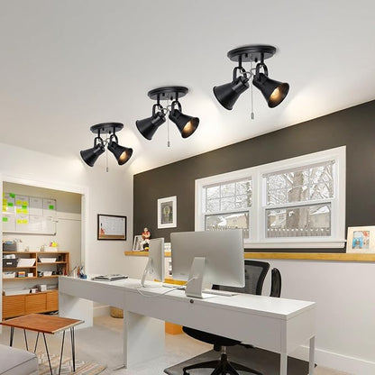 2-Light Black Track Lighting with Pull Chain, Industrial Adjustable Pull Chain Light Fixture Round Ceiling Light, Modern Flush Mount for Kitchen, Hallway, Dining Room