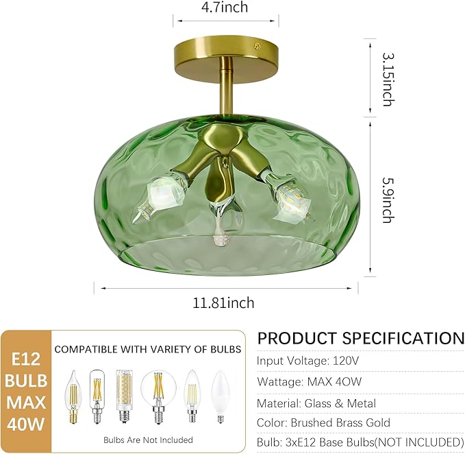 Luafac Green Glass Flush Mount Ceiling Light - 12 Inch Hammered Glass Hallway Light fixtures Ceiling, Vintage Gold Semi Flush Mount Ceiling Light,Mid Century Light Fixture for Bedroom Entryway Kitchen