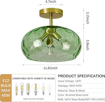 Luafac Green Glass Flush Mount Ceiling Light - 12 Inch Hammered Glass Hallway Light fixtures Ceiling, Vintage Gold Semi Flush Mount Ceiling Light,Mid Century Light Fixture for Bedroom Entryway Kitchen