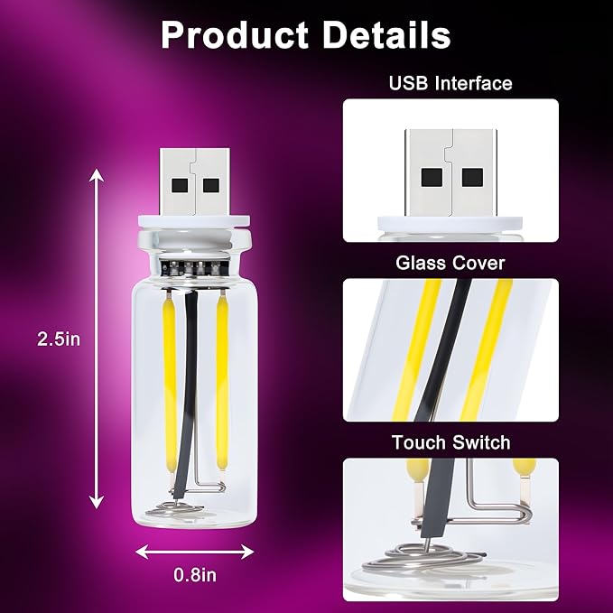 2 Packs USB Light for Car, Touch Dimmable Car Interior Ambient Lights - Portable Mini USB LED Light Bulb, Retro Glass Bottle Night Light for Vehicle, Bedroom, Hallway, Camping(Pink)