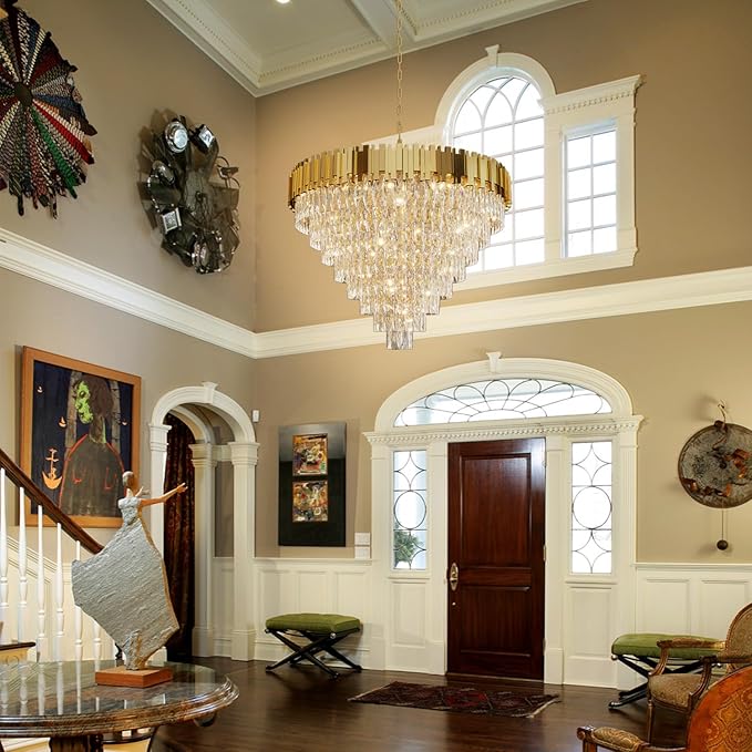 Gold Crystal Chandelier 40” 8-Tier Modern Round K9 Crystal Ceiling Light, Height Adjustable 16-Light Luxury Pendant Lighting for High Ceiling Dining Room Living Room Foyer Staircase