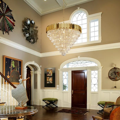Gold Crystal Chandelier 40” 8-Tier Modern Round K9 Crystal Ceiling Light, Height Adjustable 16-Light Luxury Pendant Lighting for High Ceiling Dining Room Living Room Foyer Staircase