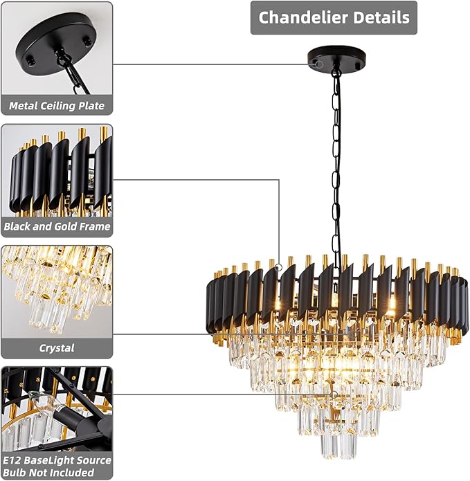10-Light Large Crystal Chandelier 24" Dining Room Light Fixtures 5 Tiers Flush Mount Black and Gold Chandelier Round Large Chandeliers for Dining Room Living Room Kitchen Entryway Foyer