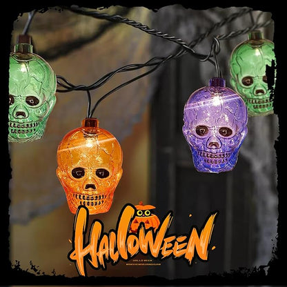 GOOTHY Halloween Skull String Lights 8.5Ft Outdoor Halloween Decorations Lights with 10 LED Orange Purple Green Skeleton Light, Plug in Skeleton Lights for Indoor Party Window Patio Bedroom Decor