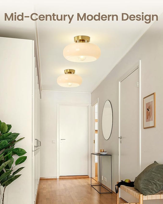 Yunnix Semi Flush Mount Ceiling Light, Milk Glass Light Fixture, Gold Mid-Century Modern Farmhouse Small Light Fixtures for Hallway, Bathroom, Kitchen, Bedroom, Living Room, Closet, Laundry(8.66 Inch)