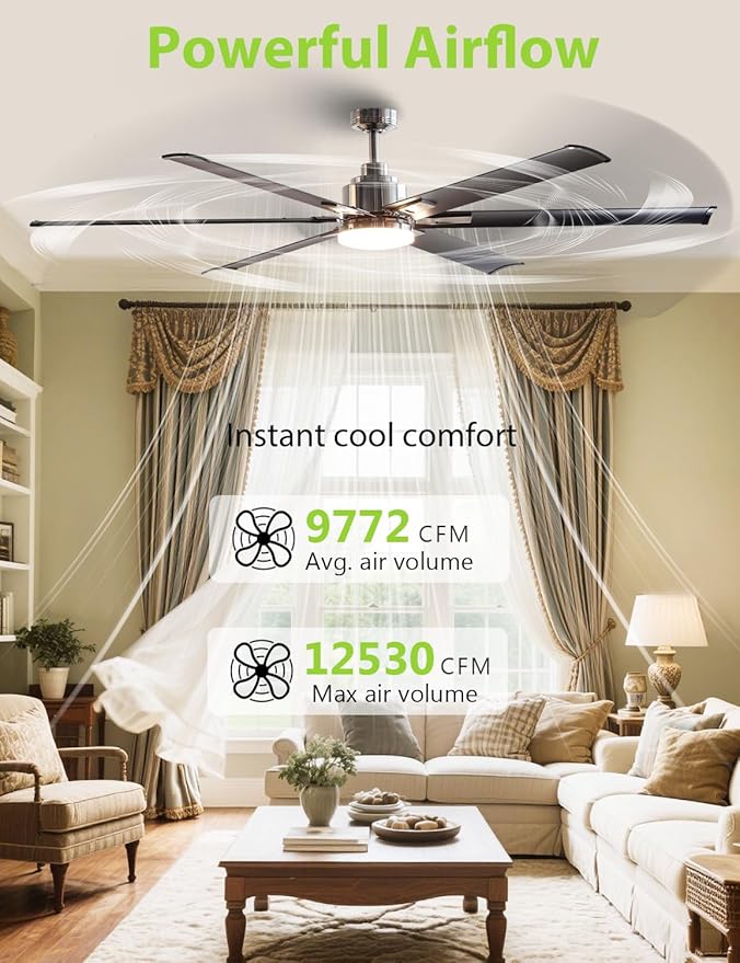 72-Inch DC Motor Ceiling Fan with LED Light, 6 Black Aluminum Blades, Remote Control, Reversible, Energy Efficient Large Indoor/Outdoor Ceiling Fan for Living Room, Patio