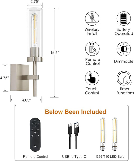 SANTOSTOCK Brushed Nickel Battery Operated Wall Sconces with Remote Control, Wireless Wall Sconce Set of 2, Rechargeable Cordless Wall Lights for Living Room Bathroom Hallway Entryway Stairwell, 3000K