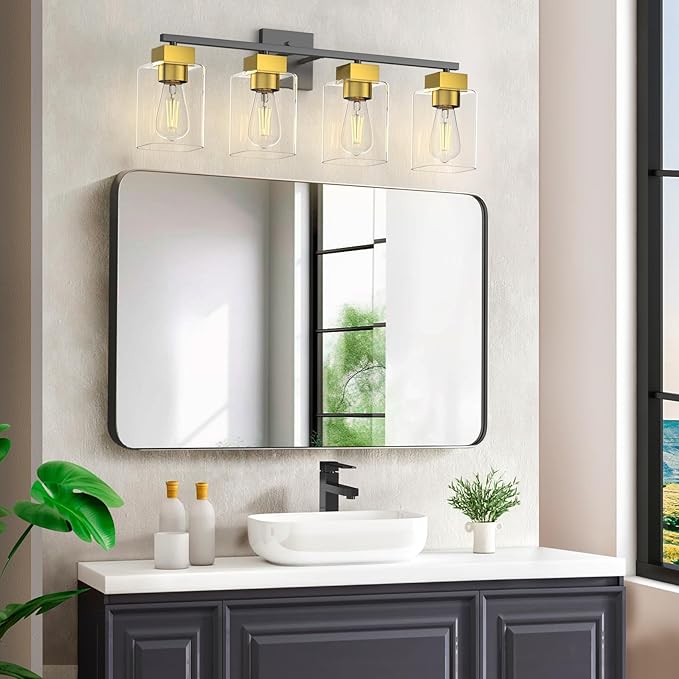 4 Light Bathroom Vanity Light - Black and Brushed Gold Bathroom Light Fixtures UL Certification, Square Light Fixture Over Mirror, Farmhouse Light Fixtures for Bathroom & Bedroom