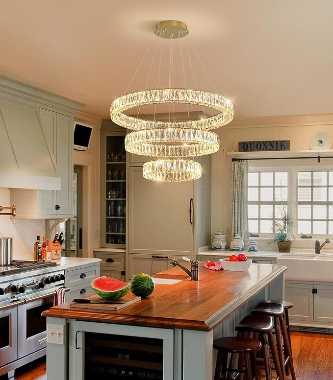HAIXIANG Modern Glam Chandelier Crystal LED Remote Rings Chandelier Adjustable Hanging Ceilings Pendant Lights Fixture Gold 8"+16"+24" Rings Lighting