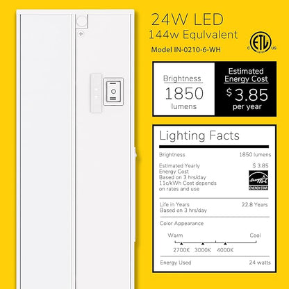 Getinlight 48-inch 3 Color Levels LED Under Cabinet Lighting, Hardwired or Plugged-in, Selectable White 2700K/3000K/4000K, Dimmable, White Finished, IN-0210-6