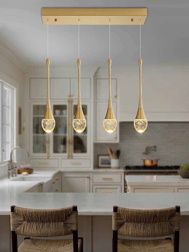 ykolupty Dining Room Light Fixture 4-Light Gold Kitchen Island Lighting Industrial Linear Crystal Chandeliers for Dining Room Pendant Light Fixture for Living Room Hallway Bedroom