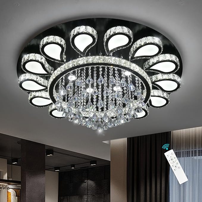 HAIXIANG Glam Crystal Chandelier for Living Room Dining Room Lights Sloped Ceiling Light Fixtures Luxury Modern Remote Dimmbale Lighting Black 40 Inches