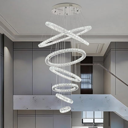 Finktonglan 7-Ring Crystal LED Chandelier, Cool White 6000K Modern Pendant, Adjustable Height up to 118", K9 Stainless Rings (Ø5.9–29.5"), Non-Dimmable Foyer Stair Ceiling Light