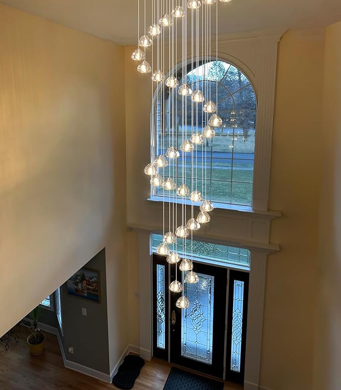 HAIXIANG W27.5 x H197 Extra Large Chandelier Bubble Crystal Balls Glam Chandeliers Dimmable Light High Ceiling Pendants Light Fixtures Adjustable Long Lights Silver Chrome