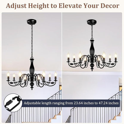 29" Large Black Chandelier for Dining Room, Modern Farmhouse 8-Light Light Fixture Hanging, Industrial Kitchen Lighting Fixtures with Leaf, Vintage Chandeliers Over Table for Bedroom Foyer Living Room