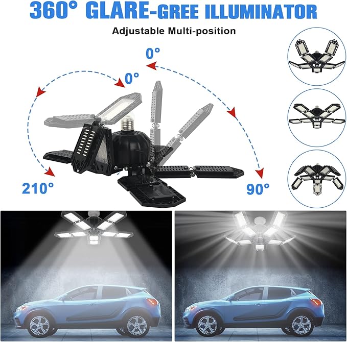 Aoretic LED Garage Lights Bulb 10+1 Panels 2 Pack -200W, 20000LM 6500K Led Shop Light with 6+1 Deformable Panels, Ceiling Lights for Basement Barn Light Garage