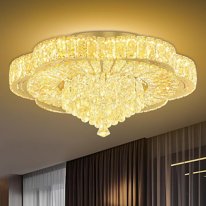 24in Gold Crystal Chandeliers for Living Room Dining Room Crystal Ceiling Light Fixtures Modern LED Flush Mount Light Dimmable 2700k-6000k