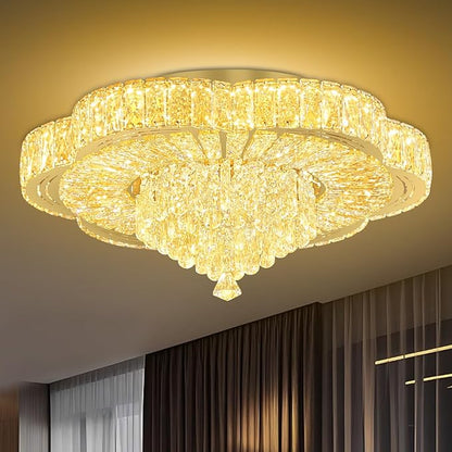 24in Gold Crystal Chandeliers for Living Room Dining Room Crystal Ceiling Light Fixtures Modern LED Flush Mount Light Dimmable 2700k-6000k