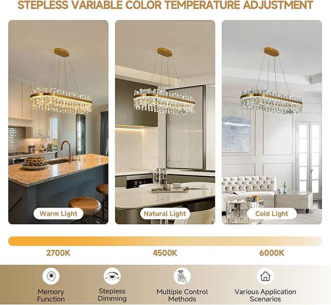 Modern Gold Crystal Led Chandelier: 39.3" Rectangular 3 Color K9 Living Room Dimmable Chandeliers - Luxury Rectangle Linear Crystals Contemporary Oval Light Fixture for Bedroom Entryway with Remote