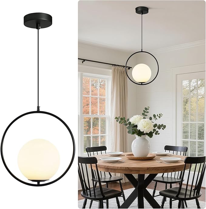 Vintage Pendant Light 1-Light Black Glass Globe Ceiling Pendant Lamp Chandelier Oval Shape Hanging Pendant Light Fixtures for Bedroom Living Dining Room Kitchen (Round(25cm))