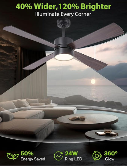 52-Inch DC Motor Ceiling Fan with LED Light, 4 Reversible Blades, Remote & APP Control, Black & Walnut Finish, Dimmable 3-Color Lighting, Energy Efficient Indoor Ceiling Fan with Timer & Memory