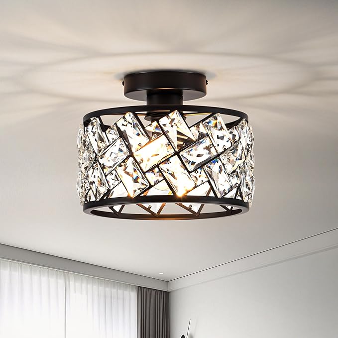 Rpzloila Crystal Ceiling Light Fixture, Modern Semi Flush Mount Ceiling Light,Crystal Chandelier for Kitchen Bedroom Bathroom Entryway, Black Finish