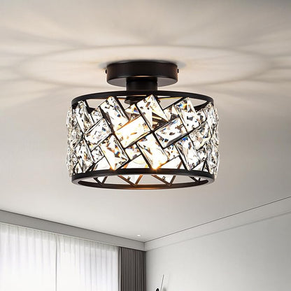 Rpzloila Crystal Ceiling Light Fixture, Modern Semi Flush Mount Ceiling Light,Crystal Chandelier for Kitchen Bedroom Bathroom Entryway, Black Finish