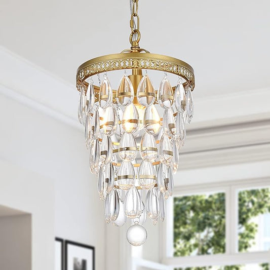Vintage 5-Tier K9 Raindrop Crystal Chandelier,Gold Crystal Chandeliers with Metal Frame, Crystal Pendant Light for Bathroom,Foyer,Corridor,Closet,9-inch Wide,1-Light