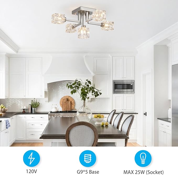 XINGQI Modern Sputnik Chandeliers Brushed Nickel Semi Flush Mount Ceiling Light Fixture 5-Light for Dining Room Living Room Kitchen Bedroom Entryway