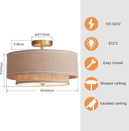 Shrine Lighting Double Drum Ceiling Light, Perfect Drum Light Fixture for Dining Room, D16'' x H7'', E12*3 Sockets, Beige Linen Fabric Lampshade & Gold Rod
