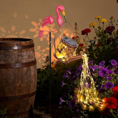 LOVERUIS Garden Statues with Solar Watering Can Lights, Cute Outdoor Garden Decor for Patio Yard Lawn Ornaments, Unique Gift for Women Mom Grandma (Flamingo)