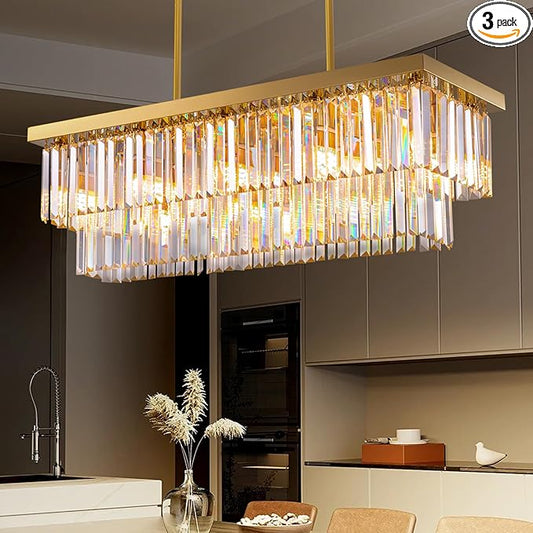 Siljoy 10-Light Rectangle Gold Crystal Chandelier for Dining Room Modern Rectangular 2 Tiers Crystal Raindrop Chandelier Linear Pendant Ceiling Light Fixture for Kitchen Island L40'' x W10'' x H10''