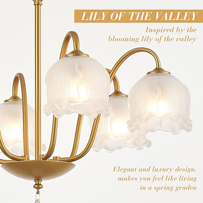 Modern Glass Chandelier Gold Flower Lamp Glass Shades Ceiling Pendant Light Fixture 6 Lights Luxury Large Chandeliers for Dining Room Bedroom Entryway