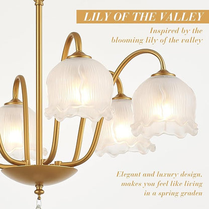 Modern Glass Chandelier Gold Flower Lamp Glass Shades Ceiling Pendant Light Fixture 6 Lights Luxury Large Chandeliers for Dining Room Bedroom Entryway