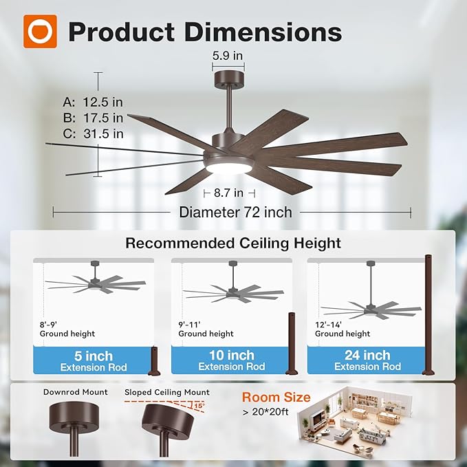 addlon 72 Inch Large Modern Ceiling Fans with Lights, Brown Ceiling Fan with Light And Remote Control, Reversible, 5CCT, Dimmable, Indoor/Outdoor Use for Bedroom, Farmhouse, Garage, Patios