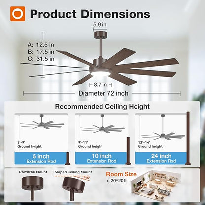 addlon 72 Inch Large Modern Ceiling Fans with Lights, Brown Ceiling Fan with Light And Remote Control, Reversible, 5CCT, Dimmable, Indoor/Outdoor Use for Bedroom, Farmhouse, Garage, Patios