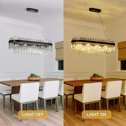 Black Crystal Chandelier for Dining Room, 35.4" Modern Luxury 2-Tier K9 Crystal Oval Chandelier, 10-Light E12 Base Pendant Light Fixture, Height Adjustable for Kitchen Island Living Room