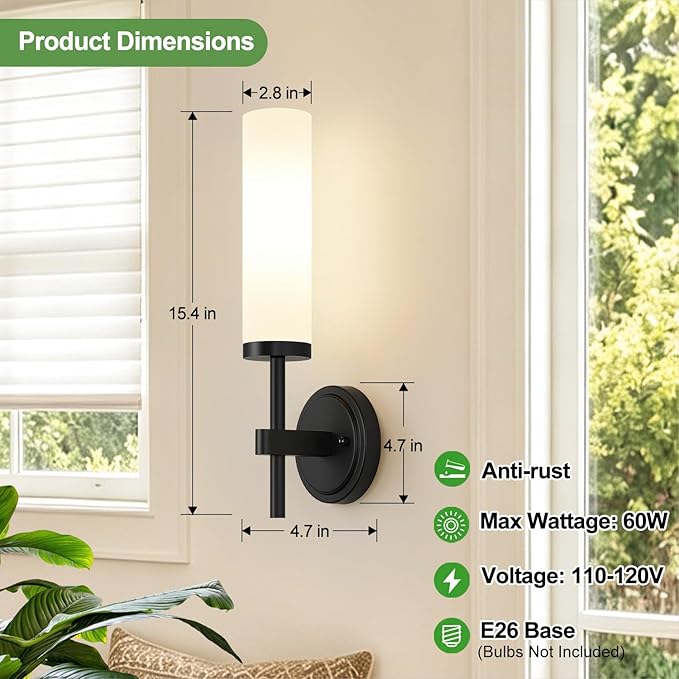 MOKATNG [Hardwired] Wall Sconces Set of Two, Matte Black Bathroom Sconces with Milky White Glass, Modern Wall Light Fixtures for Bathroom Mirror Vanity, Living Room, Hallway, Stairway, Cabinet, Foyer