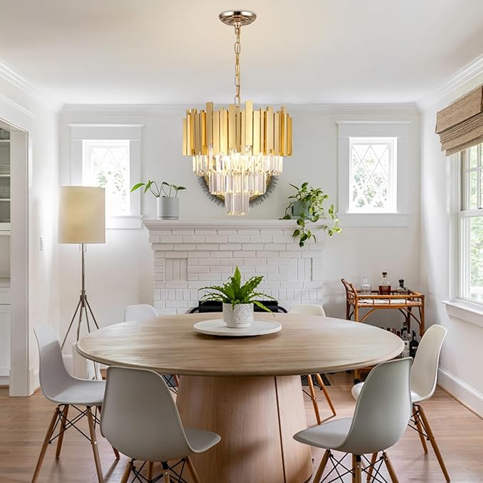 Gold Luxury Crystal Chandelier Modern Hanging Chandelier Light,E12*5-Light Adjustable Chain Pendant Light Fixture for Dining Room Living Room Foyer Bedroom W15.7in