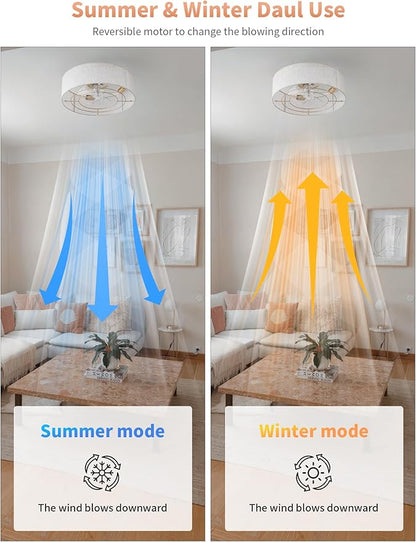 Ceiling Fans with Lights, 20" Boho Ceiling Fan with Light Flush Mount, Drum Rattan Low Profile with 6 Speeds, Remote Control for Bedroom, Nursery, Living Room