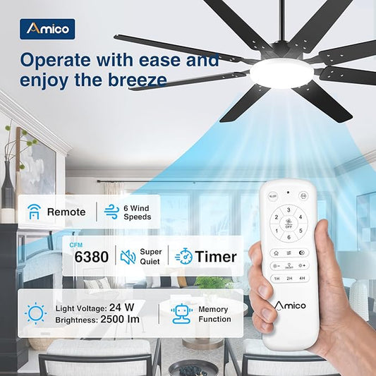 Amico 80 inch Ceiling Fans with Lights,Large Ceiling Fan with Light and Remote Control, Dimmable, 6 Speed Reversible Quiet DC Motor, Black Modern Ceiling fan For Living Room, Bedroom, Kitchen, Patio