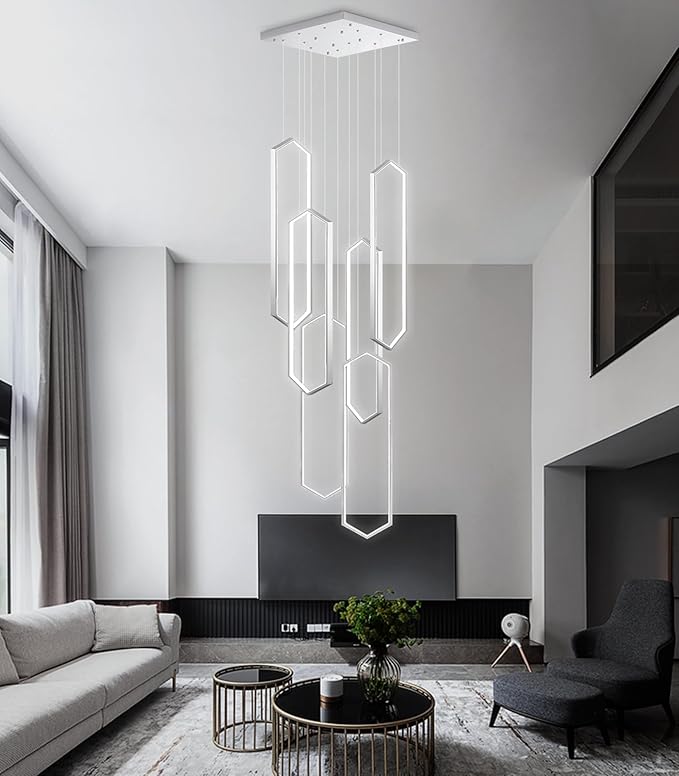 6 Rings Modern Chandelier LED Dimmable Long Large High Ceiling Chandelier Adjust Flush Mount Ceiling Light for Foyer Lobby Living Room Staircaes Sliver